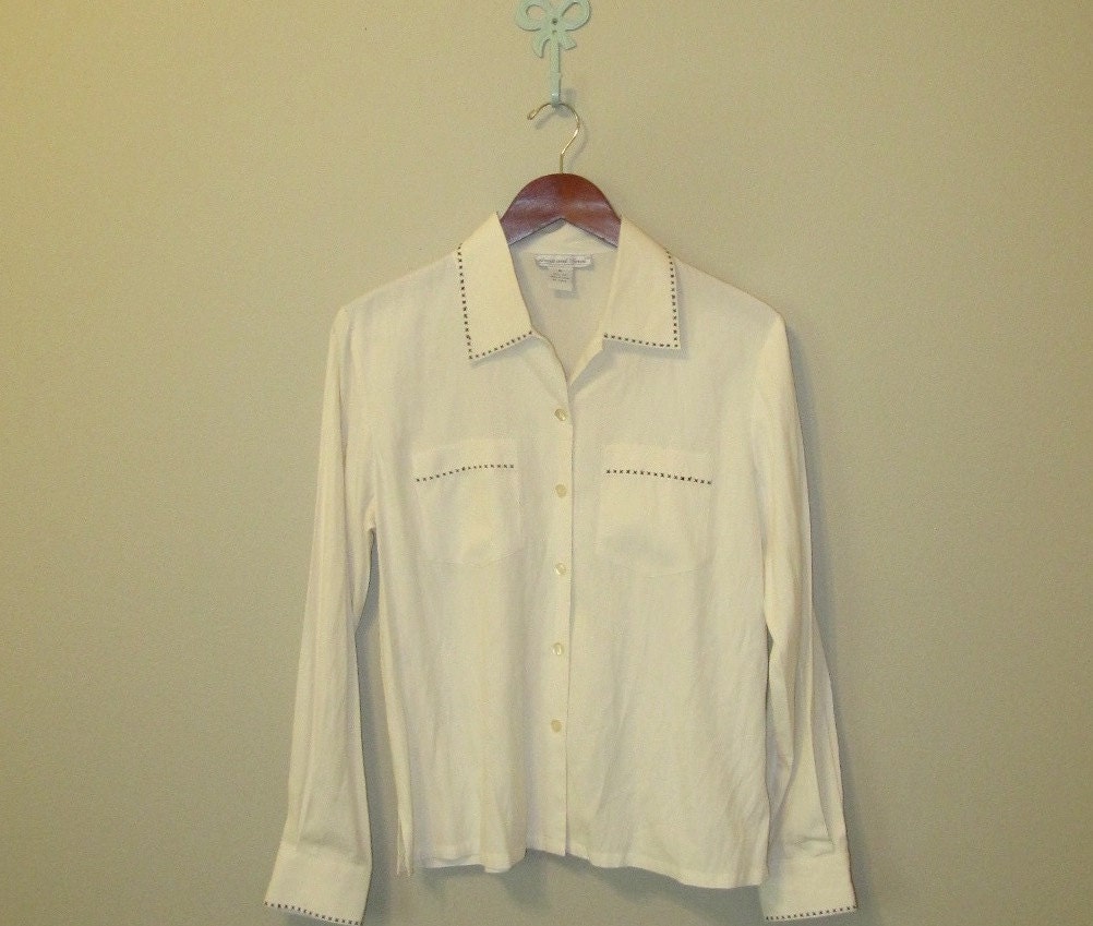 white silk button down blouse with black stitching by mellowrabbit