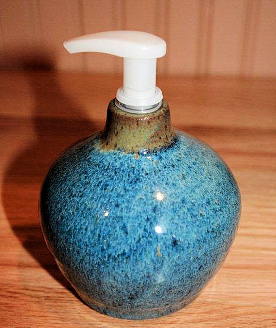 Blue pottery soap or lotion dispenser for kitchen by earthyharvest