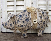 Blue Rose Civil War Print Pig Bowl Filler, Primitive Country Decor, Shabby Cottage Style Pig