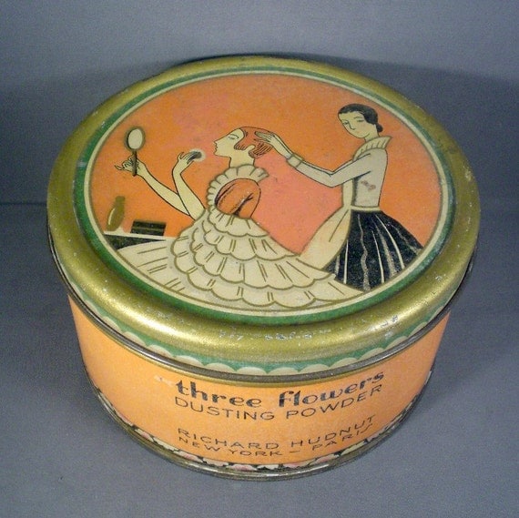 Vintage Three Flowers Art Deco Cosmetic Powder Tin Box