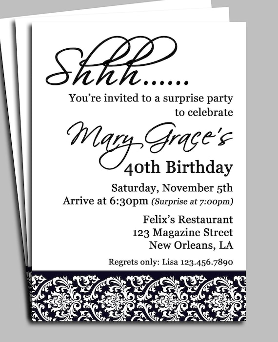 birthday 85th invitation for wording Printed Black Damask Printable Surprise Party Invitation or