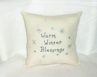 Winter Pillow, Stitchery, Primitive Decor, Folk Art Decor, Cottage Chic, Winter Snowflakes, Original Design, Hand Stitched, Original Design