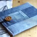 iPad padded case. Classic blue jeans. Zakka style, tablet sleeve. Patchwork denim log cabin motif.