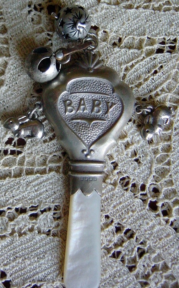 Antique Vintage Baby Rattle Silver Mother of by Retromagination