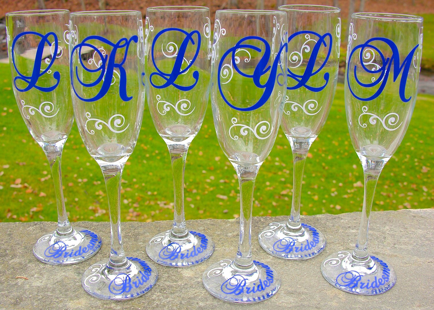 Monogrammed bridesmaids champagne glasses Bridesmaid gift