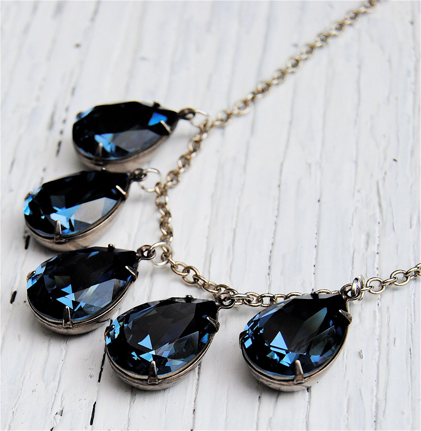Navy Blue Dangle Necklace Swarovski Crystal Necklace Pear Tear