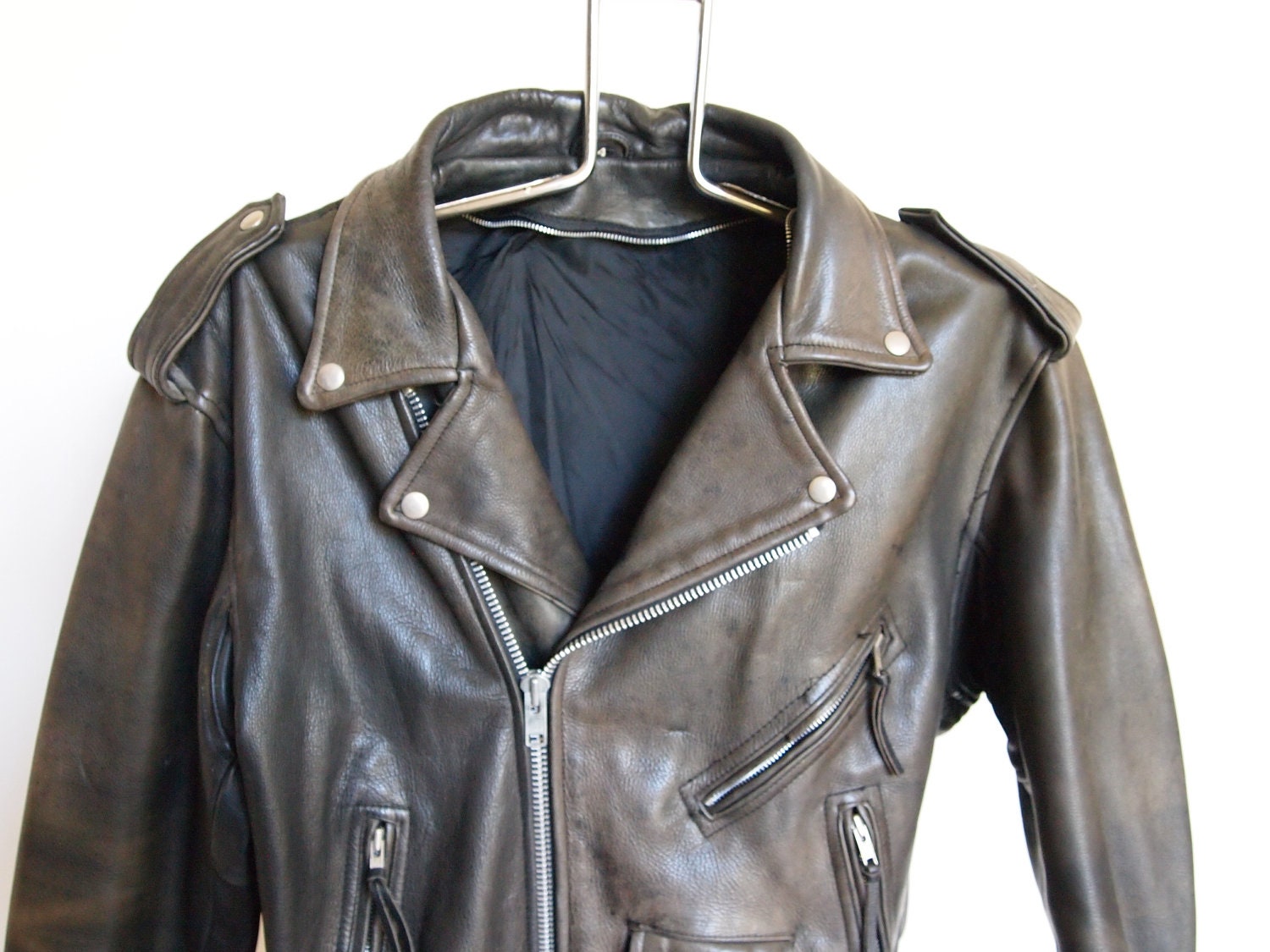 Black Leather Motorcycle Jacket 44 Large Biker Jacket Punk