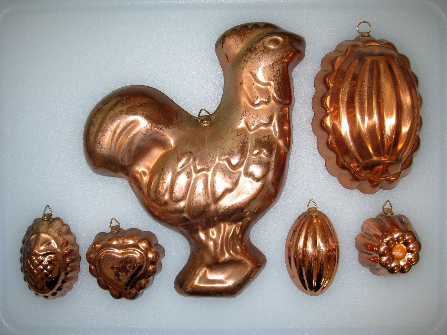 6 Antique Tin Lined COPPER Food Molds / Rooster Heart