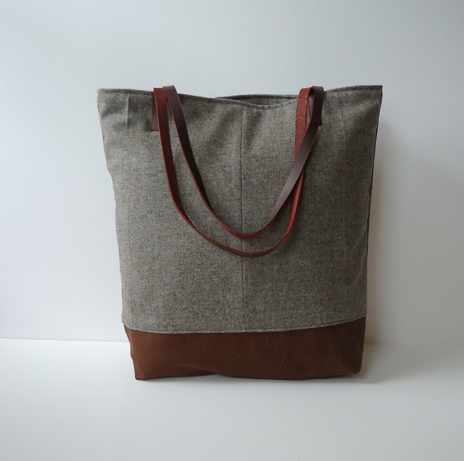 Upcycled Wool Pendleton Tote in Taupe Gray with Brown Leather