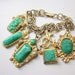 Vintage Charm Bracelet Green Peking Glass Gold HUGE Fob Charms Dragon Molded Plastic Chunky 1960s Jewelry