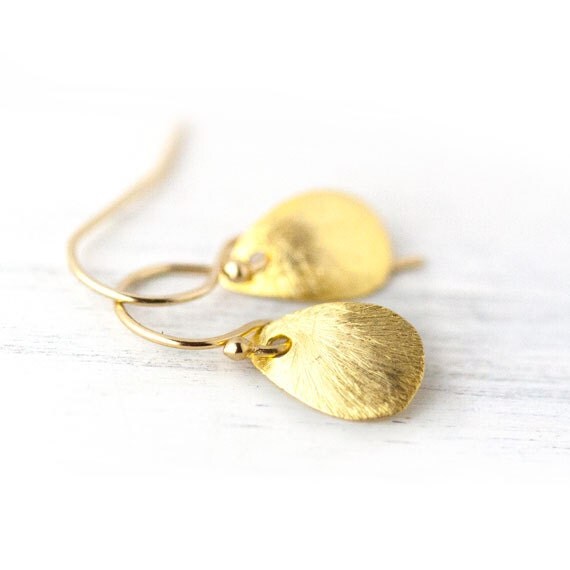 Tiny Brushed Gold Teardrop Earrings / Small Droplet Tear Drop