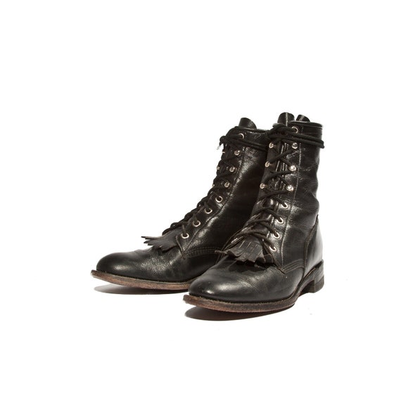 Women's Lace Up Justin Roper Boots Black Leather Kiltie