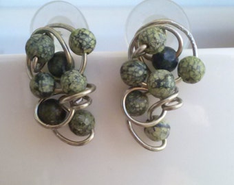 Artisan handcrafted wirework silver earrings with Russian serpentine gemstones feminine,evening earrings, olive stone earrings by magyartist