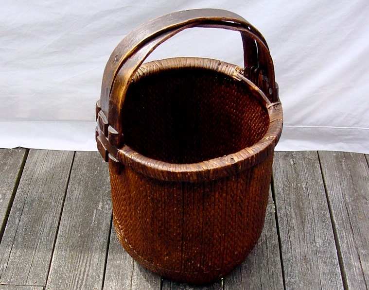 Tall Antique Woven Chinese Rice Measuring BucketBasket with