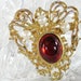 Vintage Gold Brooch, Royal Military, Red Lucite Cabochon, Pearls, Ornate Openwork Pin, 1960's Mad Men Jewelry