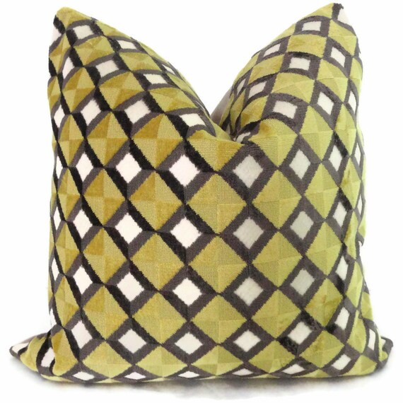 Chartreuse and Gray Diamond Velvet Decorative Pillow Cover