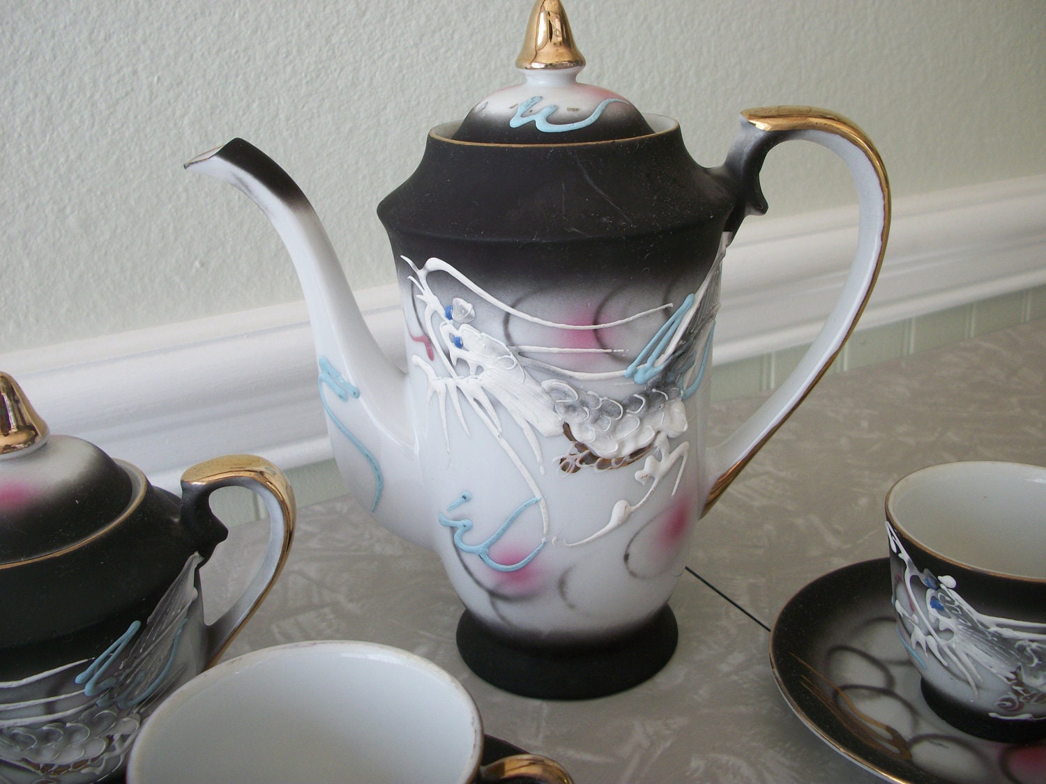 Vintage Dragonware Tea Set Moriage Demitasse Lithophane Geisha