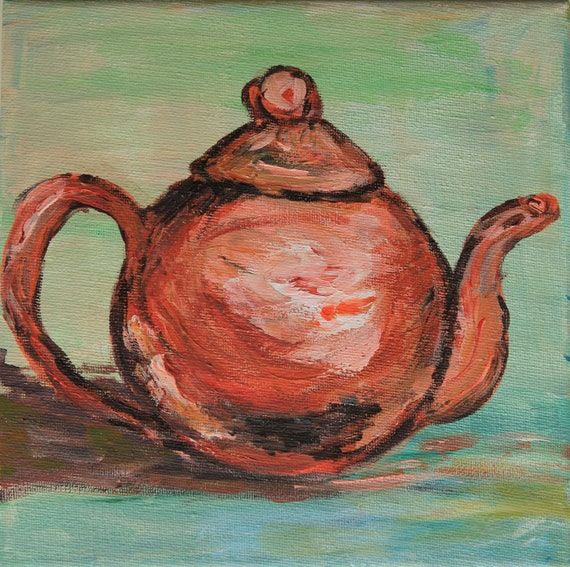 Items similar to Pink coral teapot print small kitchen art, greenery