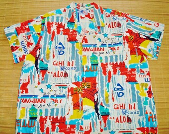 Mens Vintage 80s Nui Nali Advertising Hawaiian Iconic Scenes Tiki Shirt - XXXL 3XL - The Hana Shirt Co