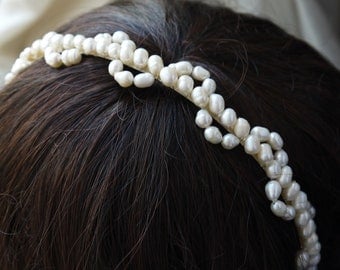 lace pearl tiara - freshwater pearl headband ivory rice pearl silver tiara alice band for bride, wedding