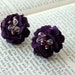 Purple fabric flower earrings studs posts with beaded centre