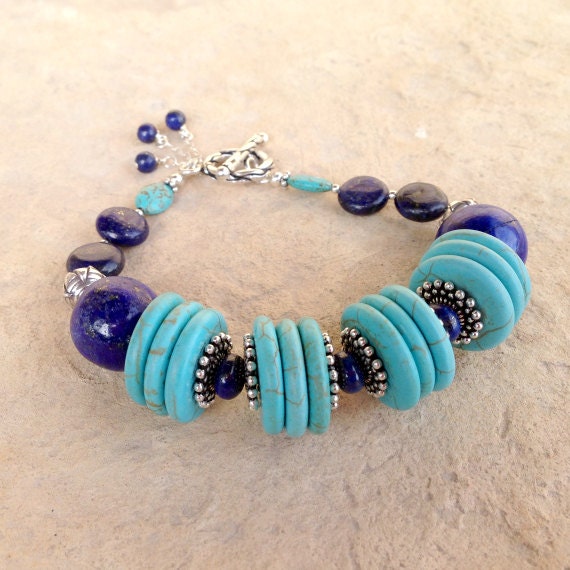 Turquoise and Lapis Bracelet Navy Blue Jewelry Sterling Silver ...