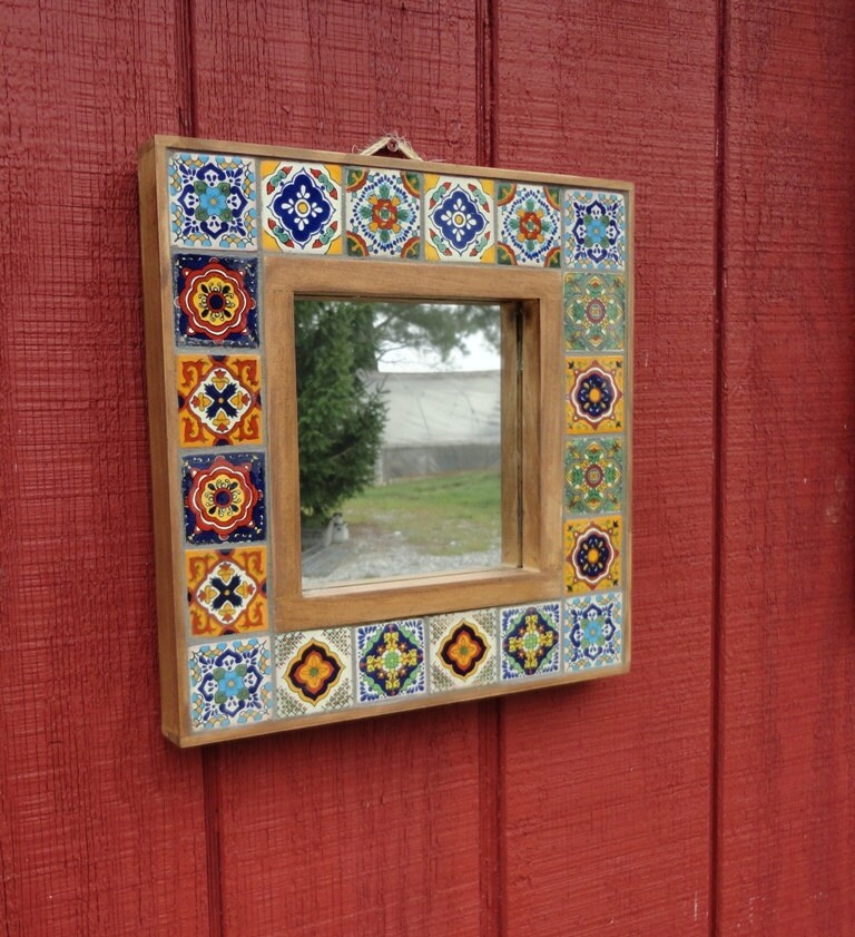 Custom Made Mexican Tile Rustic Wood Mosaic Framed Mirror