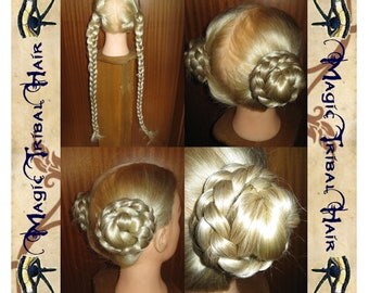 Princess LEIA HAIR BUNS pair of hair filler falls 22'' long Tribal Fusion belly dance Renaissance medieval fantasy wig