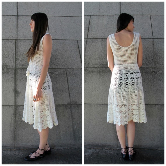 60s/70s White Scalloped CROCHET Dress