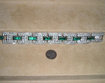 Vintage Art Deco Rhinestone Bracelet 1920's Green Baguettes Jewelry 2132