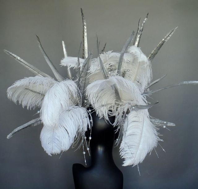 MADE TO ORDER Silver Faux Feather Headdress with Ostrich