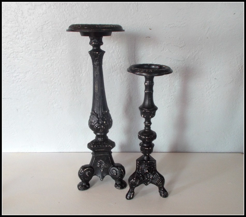 Pair of Upcycled Large Candle Holders Ornate Black Pillar