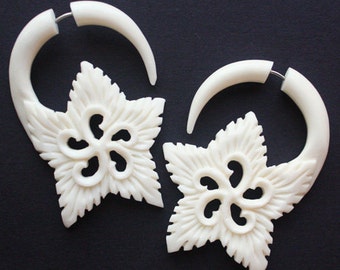 EDEN Flower - Fake Gauge Earrings - Hand Carved Natural White Bone