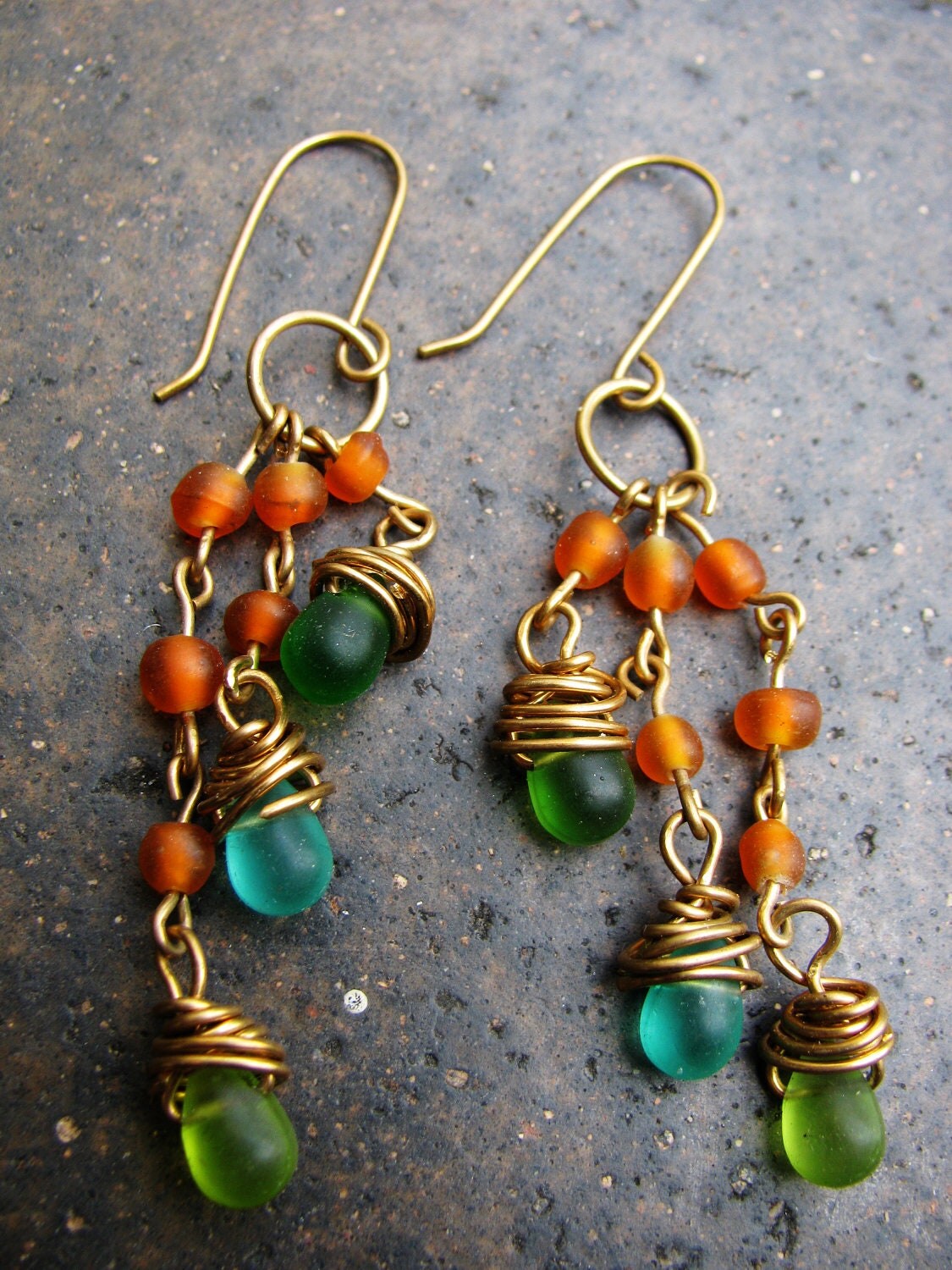 Handmade Wire Wrapped Glass Teardrop Beads Brass Orange Green