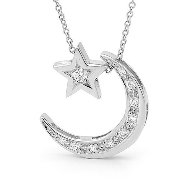 Diamond and white gold crescent moon necklace with diamond