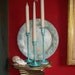 3 Beach Cottage Candle Holders with Tray Aqua Seafoam shabby chic Centerpiece