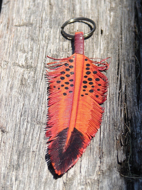 Antiqued Rose Carved Leather feather keychain key fob