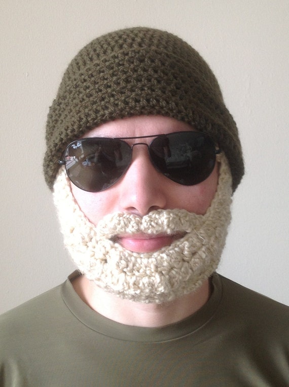 Handmade Crochet Beard Hat in Olive green beanie hat with