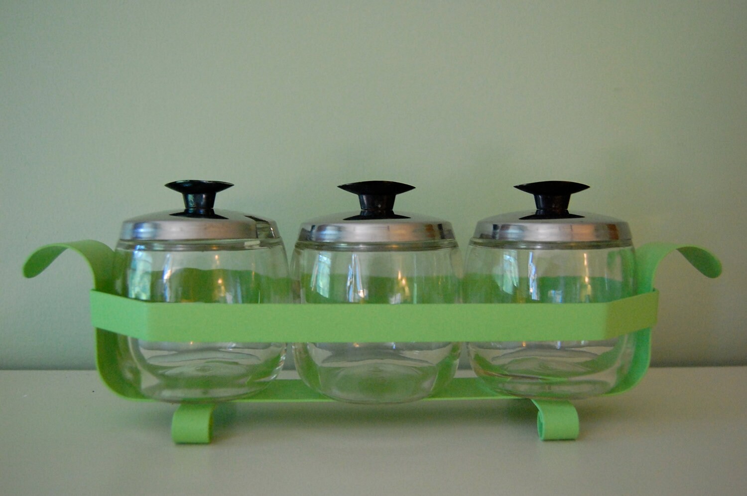 Green Vintage Foley Condiment Set With Tray Glass Jars and