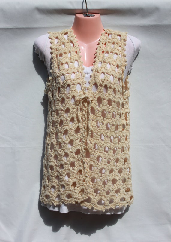 crochet vest 1970 cream 1970s colored