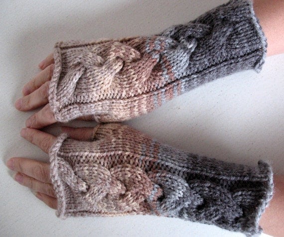 Fingerless Gloves Mittens Beige Brown Gray White wrist warmers Knit
