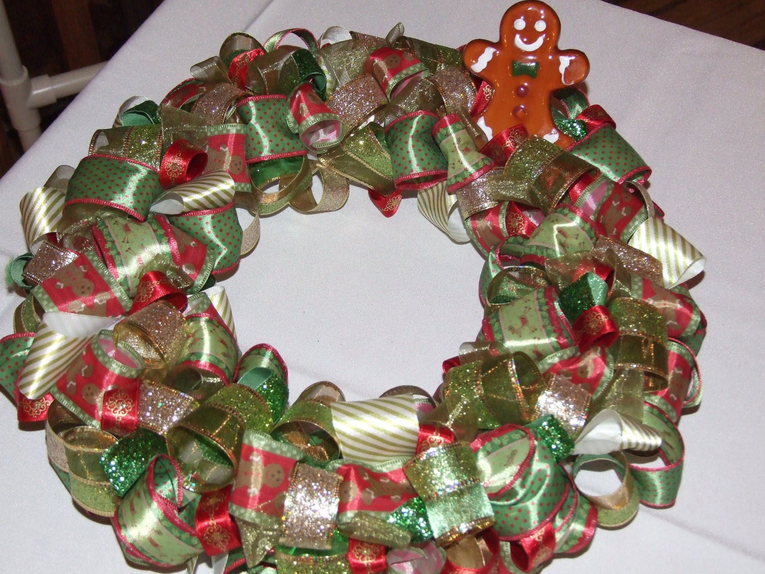 Ribbon Wreath with Gingerbread Man - ribbon wreath holiday decor Christmas wreath gingerbread man