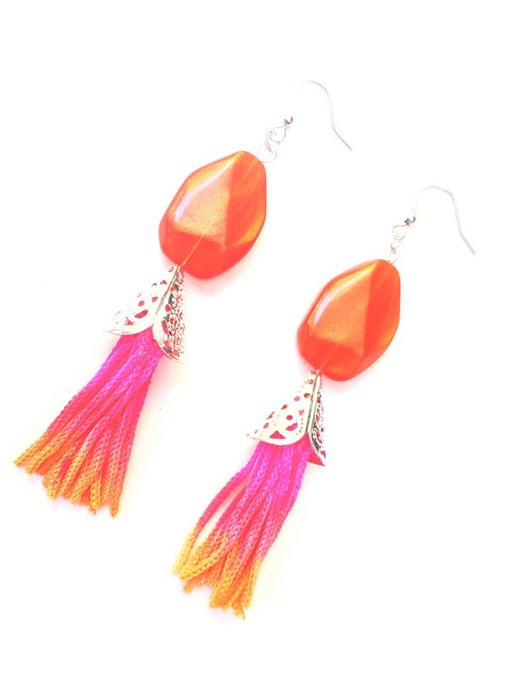 Neon Tassel Earrings Hand Painted Ombre Pink and Orange