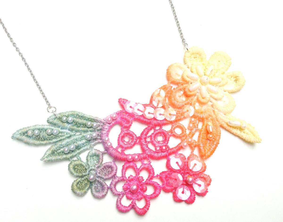 Lace Necklace Hand Painted Lace Jewelry Green Pink Orange