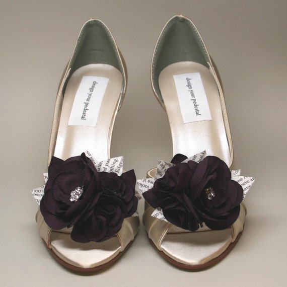 Custom Wedding Shoes --Dark Ivory Wedding Wedges with Wine Flowers and ...