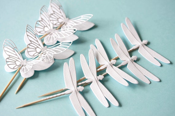 white paper cupcake toppers with butterflies and dragonflies wedding baby shower party christmas