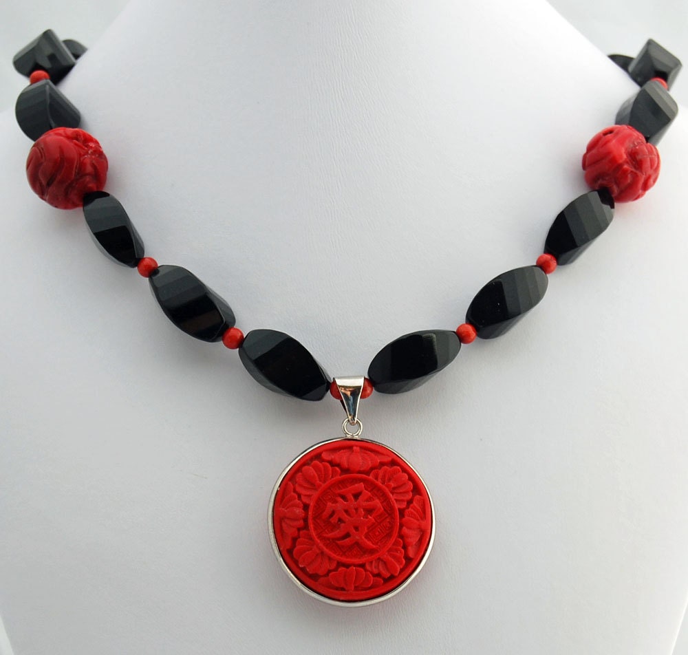 Cinnabar Red Coral and Obsidian Pendant by RivendellRockJewelry