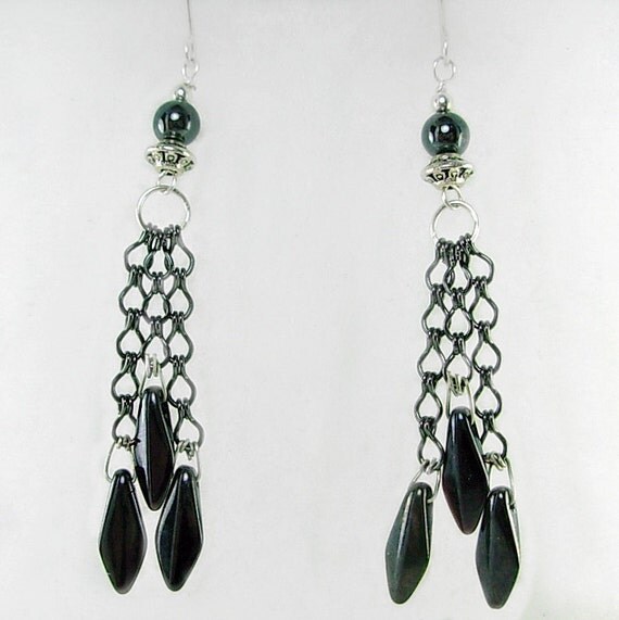 Long Black Hematite Dangle Earrings Handmade Sterling Silver