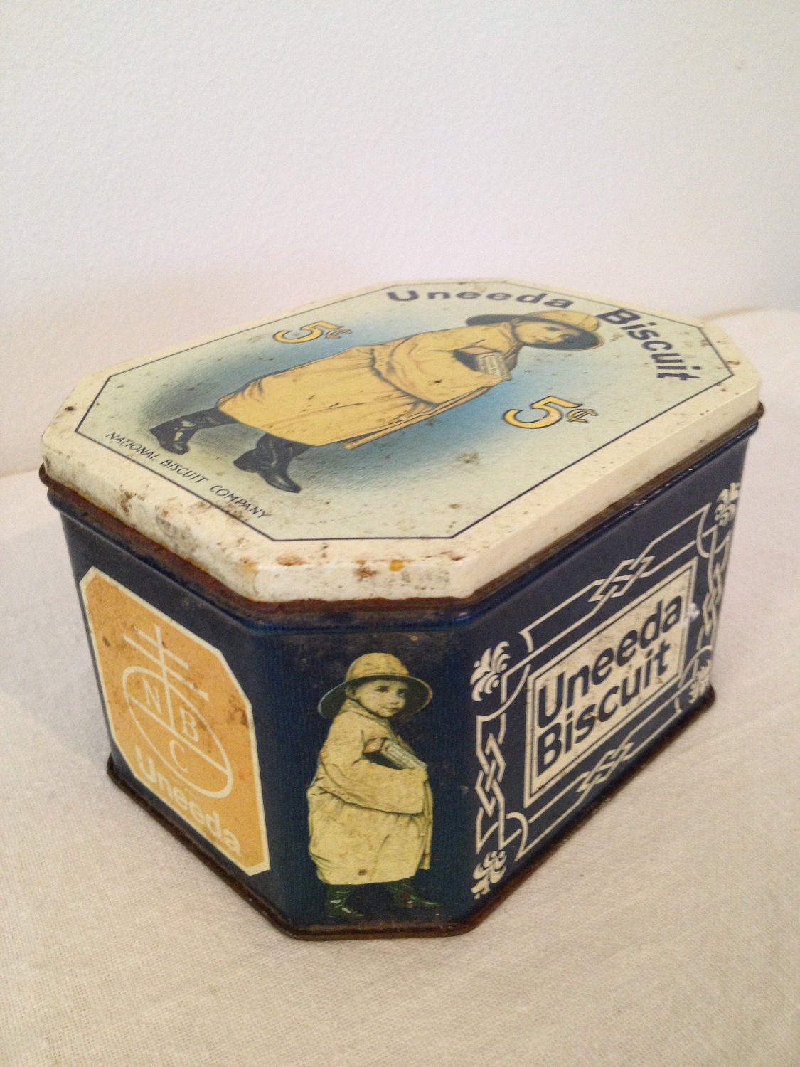 Vintage Uneeda Biscuit Tin Blue and Yellow by TheLittleThingsVin