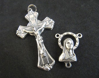 Silver Italian Made Crucifix and Matching Miraculous Medal with Mary Stars/ Jesus Reversible Center